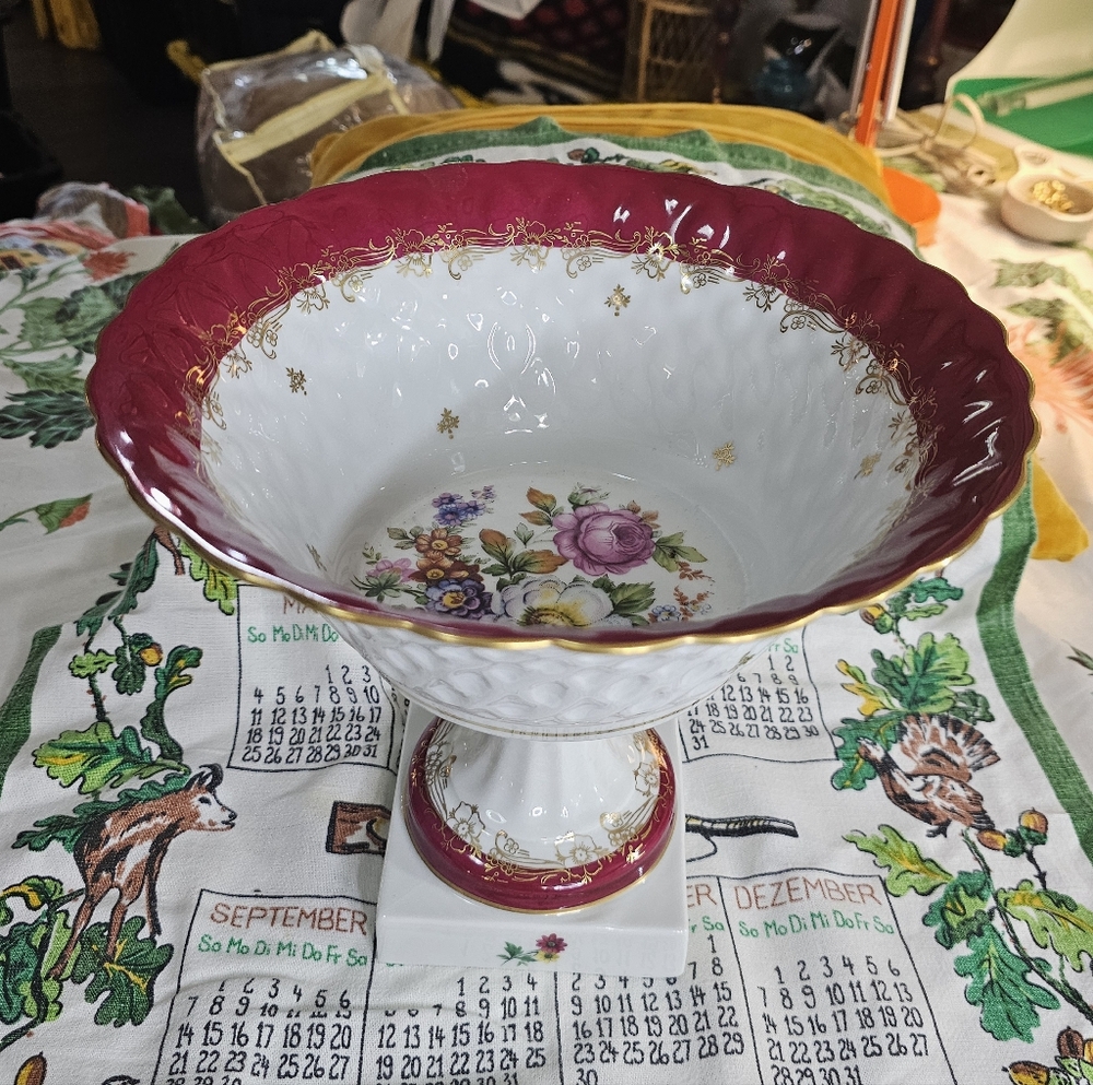 Stunning Vintage Limoges Sevres Style Footed Large Centerpiece Porcelain Bowl